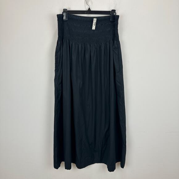 Madewell Smocked Waist Poplin Midi Skirt Cotton A Line Black Pockets XL NWT - Picture 7 of 15